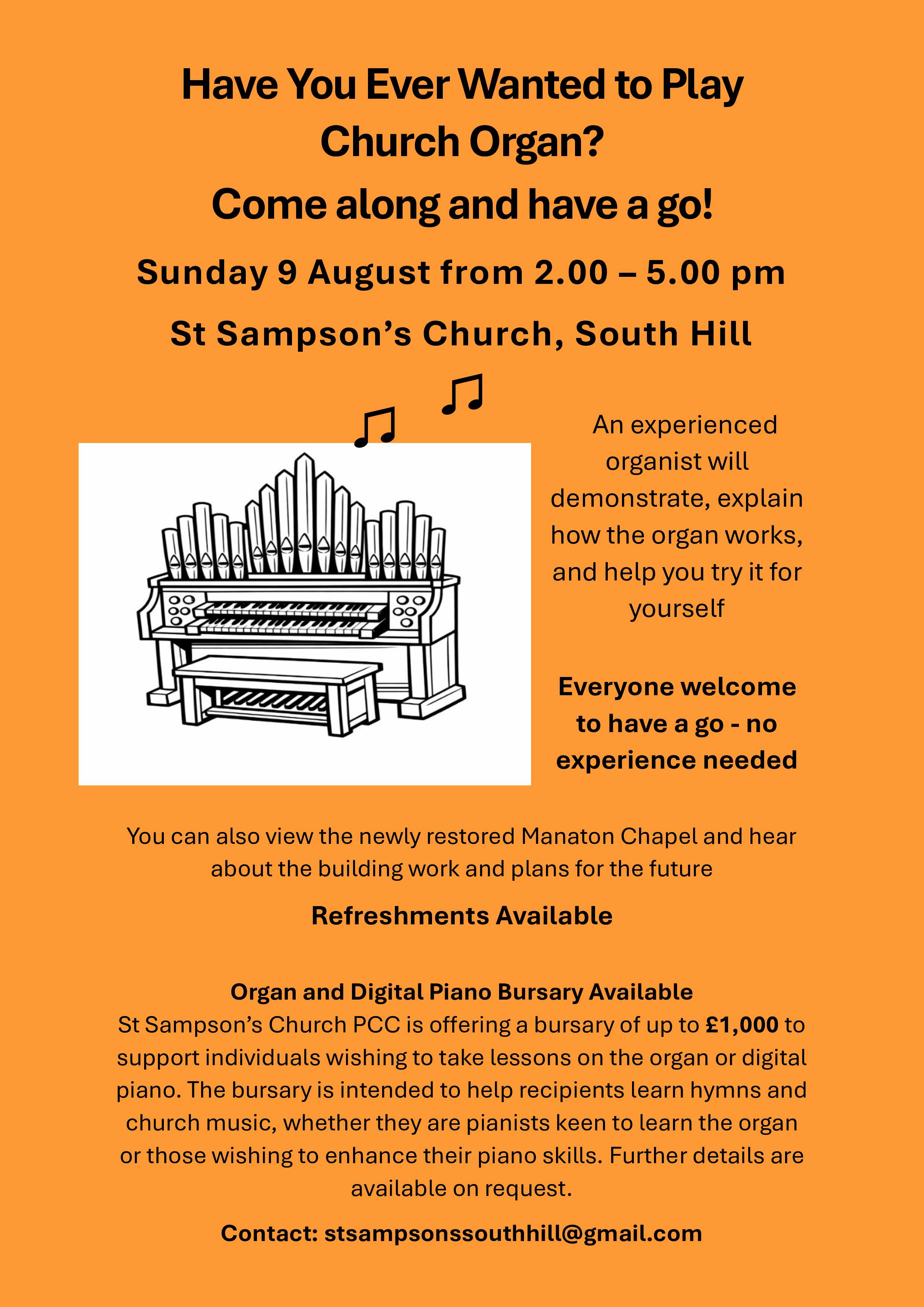 Play the Church Organ & view the newly restored Manaton Chapel - open afternoon